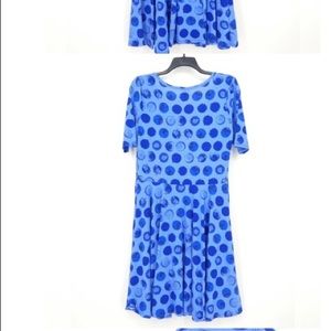 LuLaRoe Nicole Skater Dress Blue w/ Blue Polka Dots.